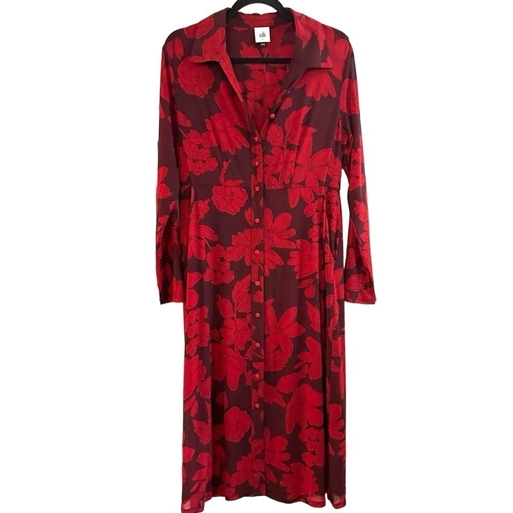 CAbi Red Floral Button Mesh Slinky Shirt Midi Dress - Small